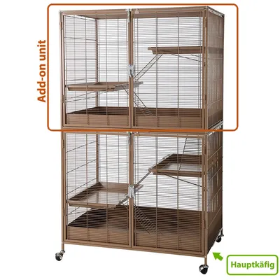 Extension supérieure de cage en métal marron avec étagères et rampes, texte visible : Add-on unit (anglais), Hauptkäfig (allemand) sur la partie inférieure.