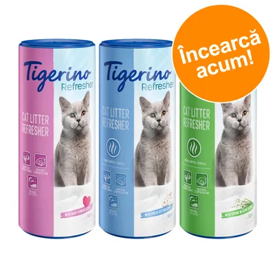 Tigerino Refresher Cat Litter Refresher, 3 variante: cu parfum pudră pentru bebeluși, bumbac proaspăt și pajiște de primăvară, 700 g. Text vizibil: Încearcă acum!