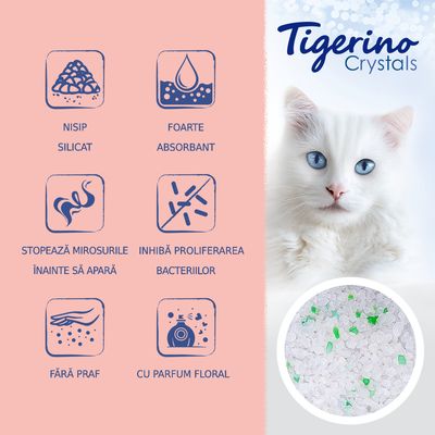 Tigerino Crystals. Nisip silicat, foarte absorbant, stopează mirosurile înainte să apară, inhibă proliferarea bacteriilor, fără praf, cu parfum floral. Imagine cu granule albe și verzi.