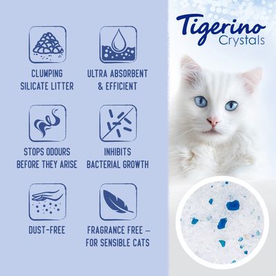 Tigerino Crystals. Clumping silicat kattenbakvulling, ultra absorberend, efficiënt, stopt geurtjes, remt bacteriegroei, stofvrij, geurloos voor gevoelige katten. Tekst in het Engels.