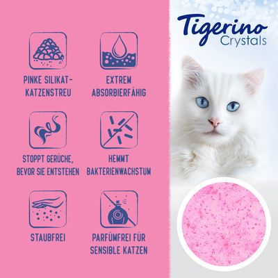 Tigerino Crystals. Pinke Silikat-Katzenstreu, extrem absorbierfähig, stoppt Gerüche, hemmt Bakterienwachstum, staubfrei, parfümfrei für sensible Katzen.