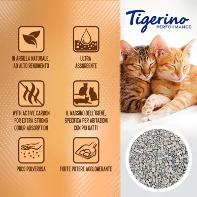 Tigerino Performance. In argilla naturale, ultra assorbente, poco polverosa, forte potere agglomerante, specifica per più gatti. With active carbon for extra strong odour absorption.