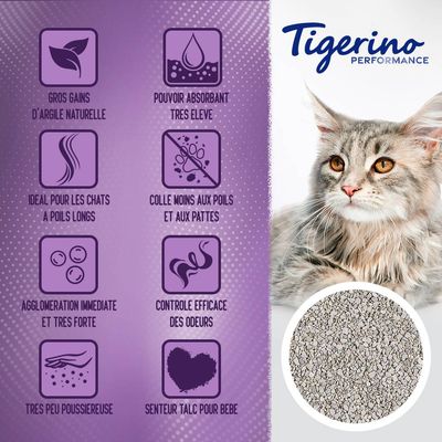 Tigerino Performance. Gros gains d’argile naturelle, pouvoir absorbant très élevé, idéal pour chats à poils longs, colle moins aux poils/pattes, contrôle des odeurs, senteur talc bébé.