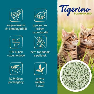 Tigerino Plant-Based. Szójarostokból és keményítőből, gyorsan csomósodik, 100%-ban vízben oldódó, nem tapadnak a pelletek, különösen porszegény, enyhe zöldtea-illattal.
