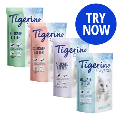 Tigerino Silicate Litter packs with icons showing odour control, antibacterial action, moisture absorption and dust-free formula. Blue circle with text: Try Now.