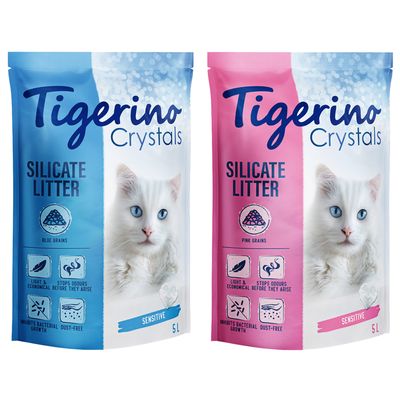 Litière Tigerino Crystals Colourful Sensitive, sans parfum lot mixte 2 x 5 L : bleu et rose