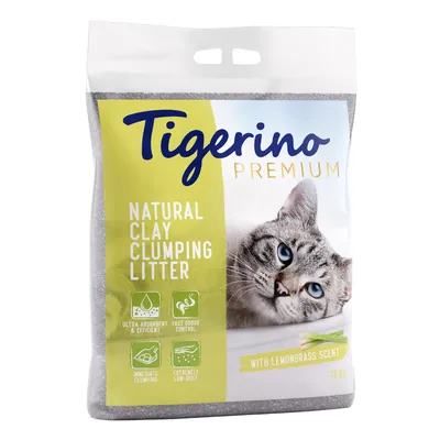 Tigerino Premium Natural Clay arena aglomerante con aroma a hierba de limón, ultra absorbente, control rápido de olores, aglomeración inmediata, muy baja en polvo. Envase con un gato. Contenido: 12 kg.