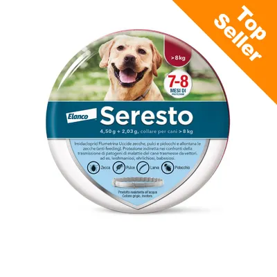 Elanco Seresto collare per cani oltre 8 kg, 7-8 mesi di protezione contro zecche, pulci, larve e pidocchi. Prodotto resistente all’acqua, collare grigio, inodore. Top Seller. Elanco Seresto collare per cani oltre 8 kg, 7-8 mesi di protezione contro zecche, pulci, larve e pidocchi. Prodotto resistente all’acqua, collare grigio, inodore. Top Seller.