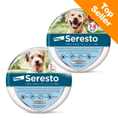 Elanco Seresto collare per cani, confezioni per >8 kg e ≤8 kg. Protezione 7–8 mesi contro zecche, pulci, larve, pidocchi. Prodotto resistente all’acqua. Top Seller.