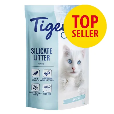 Tigerino Silicate Litter Classic Sensitive 5L, TOP SELLER, piktogramy: lehký, ekonomický, zastavuje zápach, brání růstu bakterií, bezprašný. Bílá kočka na obalu.
