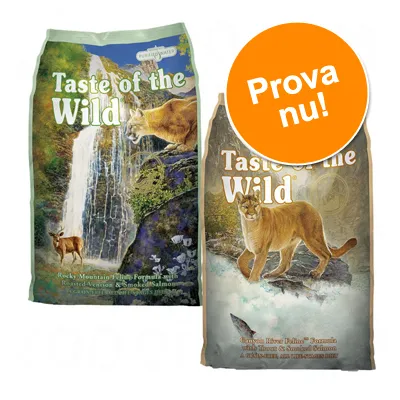 Två påsar Taste of the Wild med synlig text: 'Taste of the Wild'. Orange cirkel med texten 'Prova nu!'. Två påsar Taste of the Wild med synlig text: 'Taste of the Wild'. Orange cirkel med texten 'Prova nu!'.