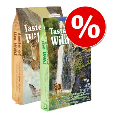 Twee zakken Taste of the Wild kattenvoer, vooraan variant Rocky Mountain Feline Formula. Rood kortingssymbool met wit procentteken zichtbaar op de verpakking.