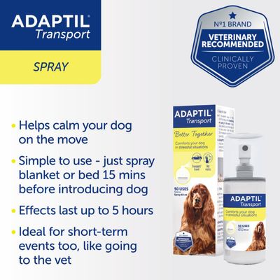 ADAPTIL Transport Spray product and packaging with text: helps calm your dog on the move, simple to use, effects last up to 5 hours, ideal for short-term events. Veterinary recommended.