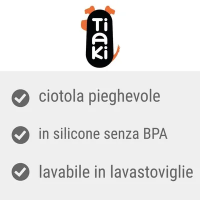 Tiaki ciotola pieghevole, in silicone senza BPA, lavabile in lavastoviglie. Testo visibile nell'immagine.