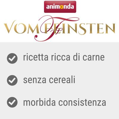 animonda Vom Feinsten. ricetta ricca di carne, senza cereali, morbida consistenza.