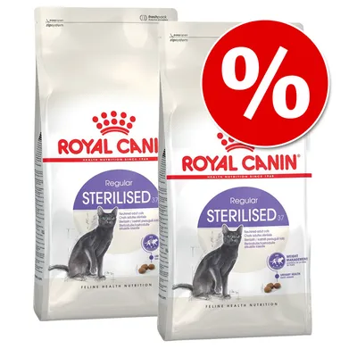 Royal Canin Regular Sterilised 37 kissanruoka, kaksi pakkausta, suuri punainen prosenttimerkki tarjousmerkintänä pakkauksen päällä Royal Canin Regular Sterilised 37 kissanruoka, kaksi pakkausta, suuri punainen prosenttimerkki tarjousmerkintänä pakkauksen päällä