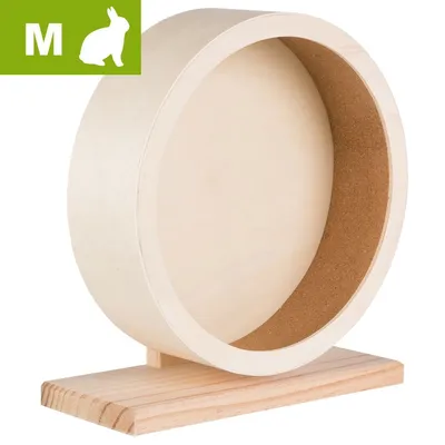 Ruota in legno taglia M per piccoli animali, base rettangolare, simbolo con coniglio e lettera M su sfondo verde in alto a sinistra.