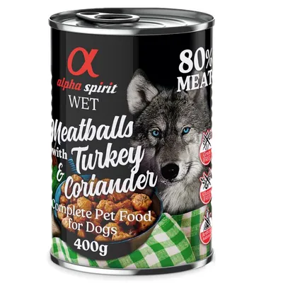 Alpha Spirit Wet Meatballs mit Truthahn und Koriander, 80% Fleisch, getreidefrei, glutenfrei, ohne künstliche Zusätze, 400g. Vollwertnahrung für Hunde.