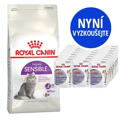 ROYAL CANIN Regular Sensible 33 granule pro kočky, několik kapsiček ROYAL CANIN Digest Sensitive, modrý kruh s textem NYNÍ VYZKOUŠEJTE