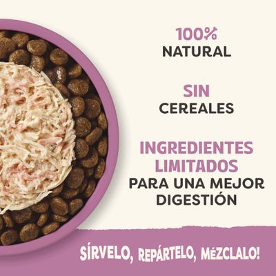 100% natural, sin cereales, ingredientes limitados para una mejor digestión. Sírvelo, compártelo, mézclalo.