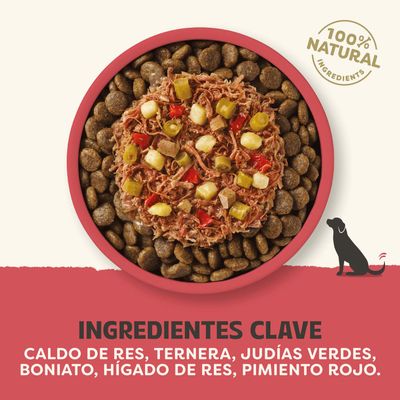 100% ingredientes naturales. Ingredientes principales: caldo de res, carne de res, judías verdes, batata, hígado de res, pimiento rojo.
