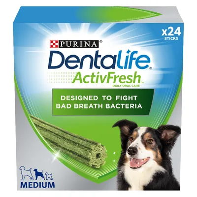 DentalLife ActivFresh oral care sticks, 24 pack, designed to fight bad breath bacteria. Medium size indicated with silhouette icons.