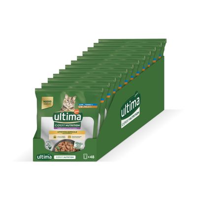 Lot de 48 sachets Ultima Expert Nutrition pour chats stérilisés, appétit difficile, saveurs thon et poulet, texte visible : senza coloranti conservanti aggiunti.