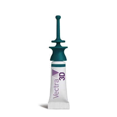 Pipet met opdruk 'Vectra 3D', witte tube met groene dop. Merknaam en productnaam duidelijk zichtbaar op de verpakking.