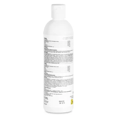 Frasco branco com rótulo detalhado, incluindo tabela de composição e instruções em várias línguas. Marca Bayer visível na parte inferior do rótulo.