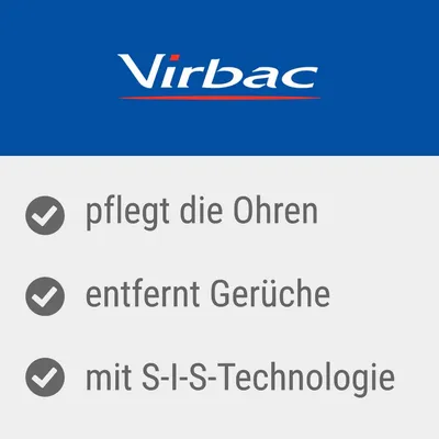Virbac. Pflegt die Ohren, entfernt Gerüche, mit S-I-S-Technologie.