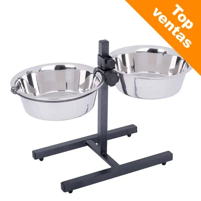 Dos cuencos de acero inoxidable en soporte metálico ajustable. Esquina superior derecha con texto: Top ventas. Dos cuencos de acero inoxidable en soporte metálico ajustable. Esquina superior derecha con texto: Top ventas.