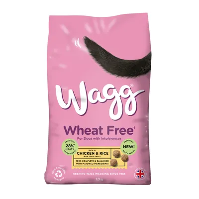 Wheat free food for dogs with intolerances, 28% meaty ingredients, rich in chicken and rice, complete and balanced with natural ingredients, improved tasty recipe, 12kg bag.