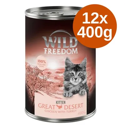 Wild Freedom Kitten Great Desert Chicken with Turkey 400 g, zestaw 12 puszek. Na etykiecie: 100% grain-free recipe, zdjęcie kota.
