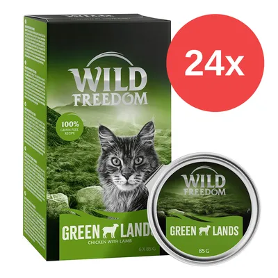 Wild Freedom Green Lands, 24x85 g, karma dla kotów, chicken with lamb, 100% grain-free recipe. Opakowanie i puszka widoczne na zdjęciu.