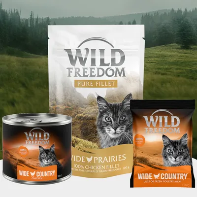 Wild Freedom Katzenfutter: Dose Wide Country Chicken 200g, Beutel Pure Fillet 100g, Snackbeutel Wide Country 150g. Getreidefrei mit frischem Geflügel.