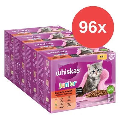 Pack de 96 sobres Whiskas Junior en salsa, selección clásica para gatitos 2–12 meses. Imagen de cajas moradas con foto de un gato y texto visible: buey, pollo, cordero, ave.