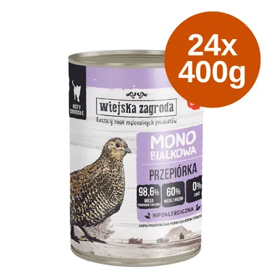 Wiejska Zagroda Mono Białkowa Przepiórka, hipoalergiczna karma dla kotów, 24x400g, 98,6% mięsa, 60% świeżego mięsa, 0% zbóż.