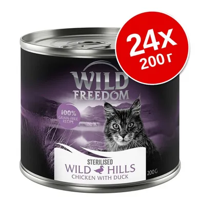 Консерва Wild Freedom Sterilised Wild Hills Chicken with Duck за котки, 24×200 г, 100% grain-free recipe, изображение на котка върху опаковката.