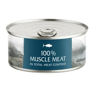 Lattina con la scritta "100% Muscle Meat in Total Meat Content" e simbolo di pesce su sfondo blu.