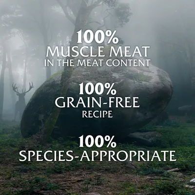100% muscle meat in the meat content, 100% grain-free recipe, 100% species-appropriate. Key product features highlighted for pet food.