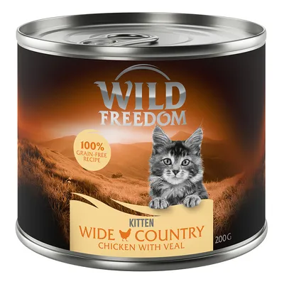 Wild Freedom Kitten Wide Country Chicken with Veal, 200 g. 100% grain-free recipe widoczne na etykiecie puszki z wizerunkiem kota.