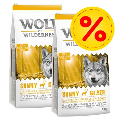 Wolf of Wilderness Sunny Glade torrfoder, 2 påsar à 12 kg, 100 % grain-free recipe, erbjudande med procenttecken synligt på förpackningen. Wolf of Wilderness Sunny Glade torrfoder, 2 påsar à 12 kg, 100 % grain-free recipe, erbjudande med procenttecken synligt på förpackningen.