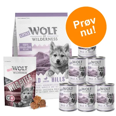Little Wolf of Wilderness hundefoder og snacks, 100 % grain-free recipe, Wild Bites snack, Wild Hills dåsemad, stor orange cirkel med teksten 'Prøv nu!'.