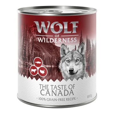 Wolf of Wilderness The Taste of Canada, 100% grain-free recipe, 800 g. Texte en anglais sur l’emballage.