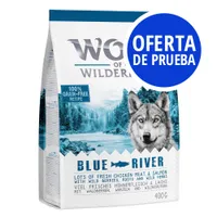 Wolf of Wilderness Blue River, 400 g. Oferta de prueba. 100% grain-free recipe. Imagen del envase con paisaje y texto en inglés y alemán sobre ingredientes.