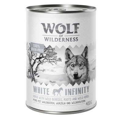Lata de comida para perros Wolf of Wilderness White Infinity, 100 % grain-free, caballo con bayas silvestres, raíces y hierbas silvestres, peso neto 400 g.