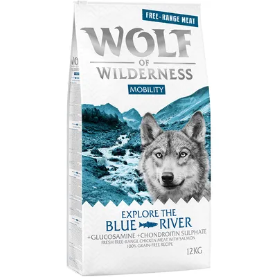 Wolf of Wilderness Mobility Explore the Blue River. Free-range chicken with salmon, glucosamine + chondroitin sulphate, 100% grain-free recipe, 12kg.