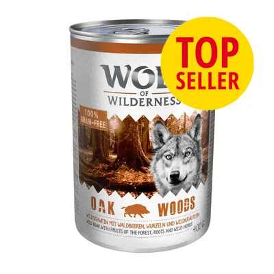 Wolf of Wilderness OAK WOODS 400 g dåse, 100% grain-free, TOP SELLER-mærke, vildsvin med skovbær, rødder og vilde urter. Tekst på engelsk og tysk synlig.