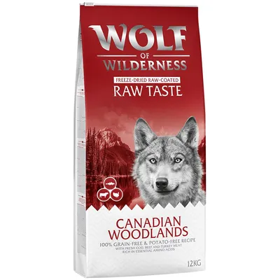 Freeze-dried raw-coated food, Canadian Woodlands recipe, 100% grain-free and potato-free with fresh cod, beef and turkey meat, rich in essential amino acids, 12kg bag.