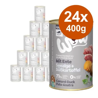 Set 24 lattine da 400 g Wow con testo visibile: Mit Ente, Seealge + Süßkartoffel, 71 %, 0 %, Canard-Duck-Pato-Anatra. Immagini di carne e patata dolce sulla confezione.